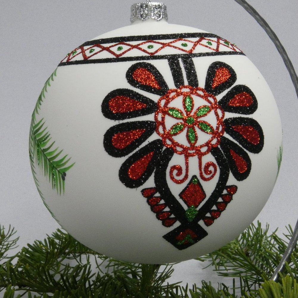 "POLISH GALLERY" Polish Folk Art Christmas Ornament Hand Made Glass Ball 5 In